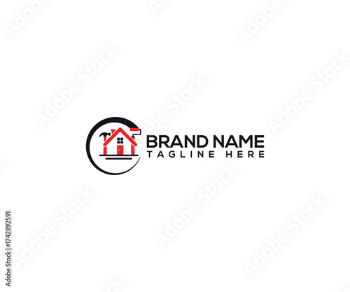 Brand Name House Logo: An elegant house logo with a modern aesthetic, featuring clean lines and a minimalist design, perfect for showcasing a real estate or construction brand.