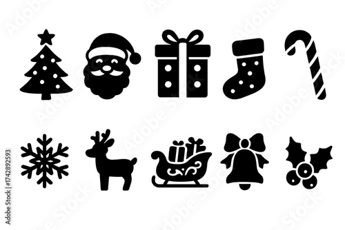 Christmas silhouette icon set. holiday, festive symbols in elegant silhouette style