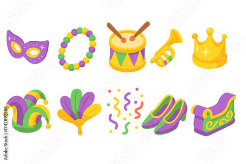 Mardi gras festive 3d icon set. party, celebration, carnival, masks, jazz band icons