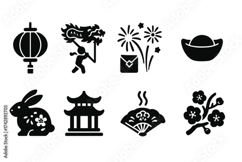 Chinese new year silhouette icon set. celebratory symbols and traditions in silhouette