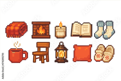 Cozy and warm pixel icon set. home, fireplace, winter essentials in pixel style.