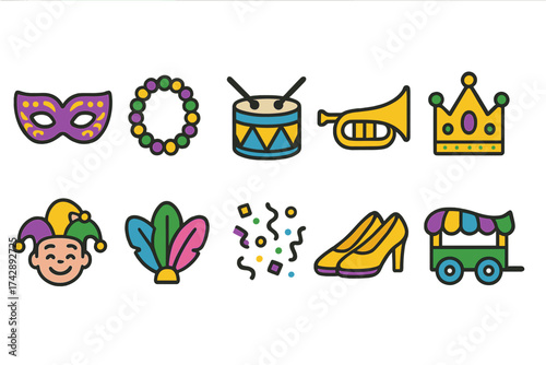 Carnival celebration filled icon set. festive, party icons colorful collection