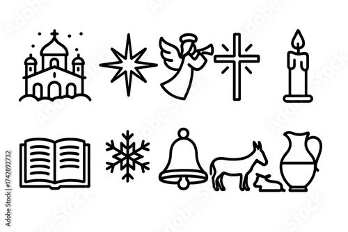 Christmas, religion outline icon set. holiday, faith symbols outline collection