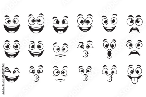 Collection of cartoon facial expressions with various emotions, isolated on transparent background