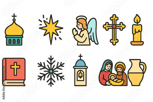 Christmas, religion flat icon set. holiday, nativity, festive celebrations collection