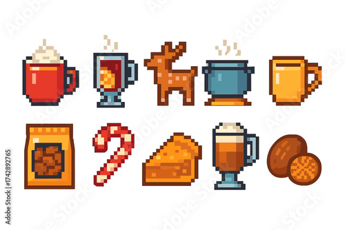 Pixel, retro holiday beverage and snack icon set. festive, seasonal treats in pixel art
