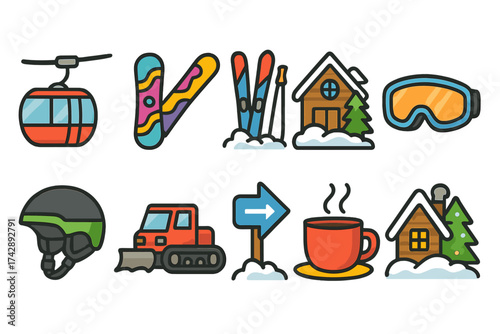 Winter sports flat icon set. skiing, snowboarding, and winter activity icons collection.