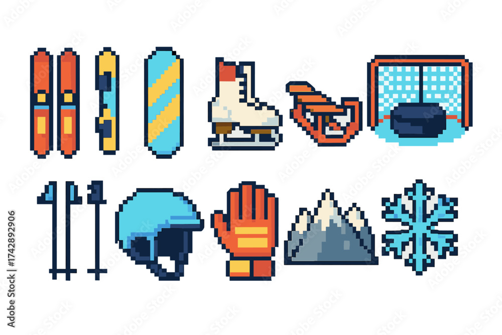 Obraz premium Winter sports flat icon set. skiing, snowboarding, ice hockey, and skating icons.