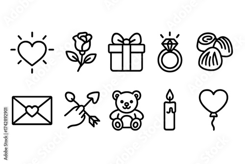 Valentine's day outline icon set. romantic and love outline icons collection
