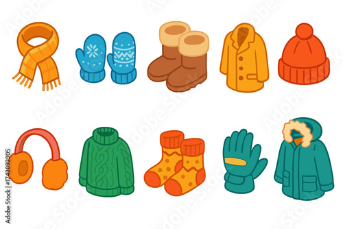Winter clothes icon set. cozy, warm clothing flat icons for seasonal graphics