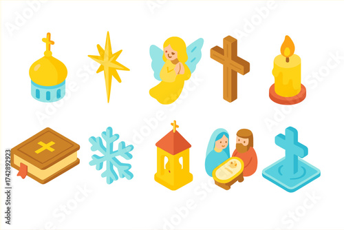 Religious, christmas 3d icon set. holiday, christianity symbols in 3d style collection