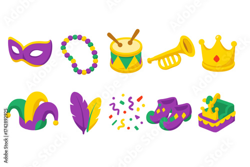 Mardi gras 3d icon set. carnival, festival celebration icons in 3d style