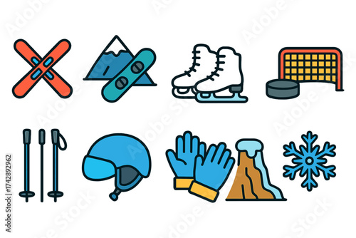 Winter sports icon set. skiing, snowboarding, ice hockey icons in colorful outline style