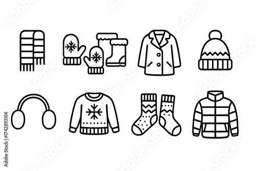 Winter clothing line icon set. cozy garments, cold weather accessories outline icons.