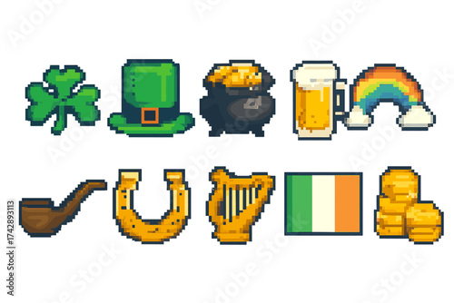 St. patrick's day pixel icon set. festive, traditional irish outline icons collection