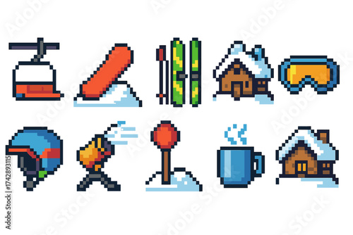 Winter sports pixel icon set. skiing, snowboarding, and resort icons in pixel art