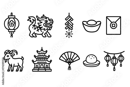 Chinese new year line icon set. lantern, dragon, firecracker, gold ingot symbols
