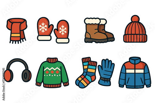 Winter clothing line icon set: cozy attire essentials for cold seasons