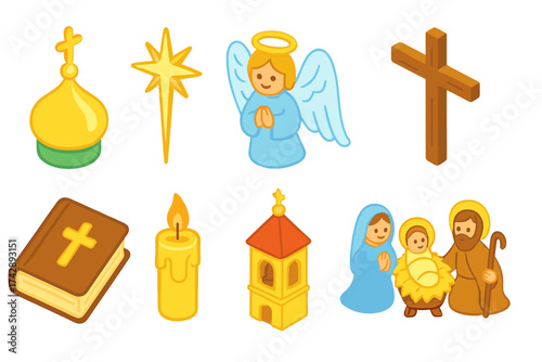 Christian, religious 3d icon set. church, bible, nativity icons in 3d style collection