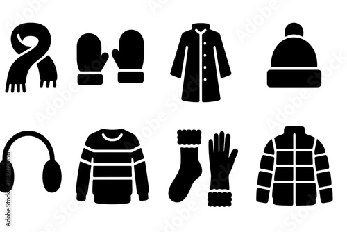 Winter clothing silhouette icon set. warm apparel, seasonal fashion silhouettes collection