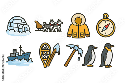 Arctic adventure filled icon set. explore travel and wildlife icons filled collection.