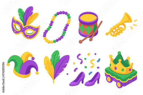 Mardi gras 3d icon set. festival, celebration, carnival icons in vibrant 3d style