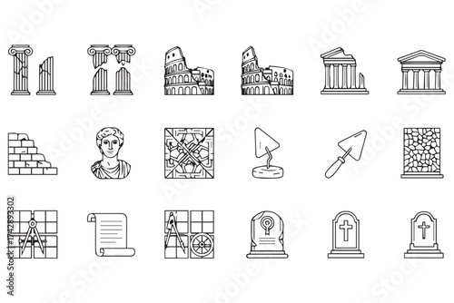 Outline illustrations of ancient ruins, architectural elements, and archaeological tools, isolated on transparent background