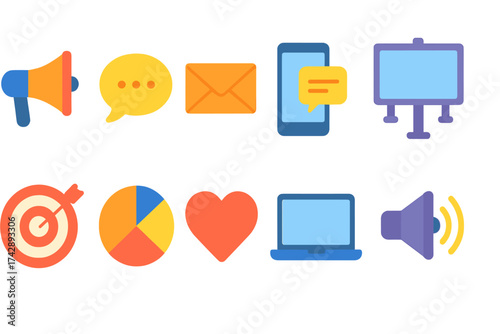 Marketing and communication icon set. colorful gradient icons in flat style