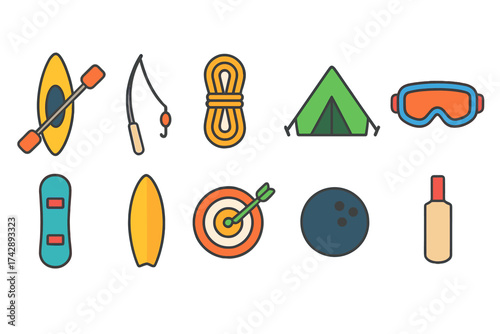Outdoor recreation flat icon set: kayaking, camping, archery, snowboarding icons