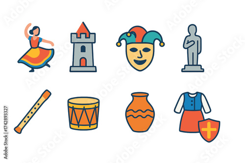 Medieval festival icon set: flat style medieval and renaissance icons collection