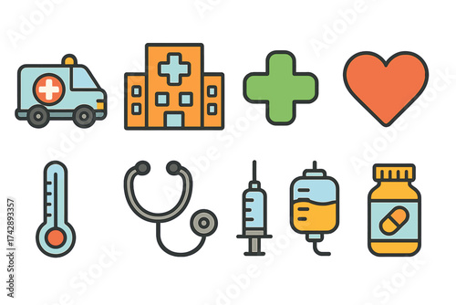 Healthcare and medical flat icon set. hospital, health, medicine icons collection