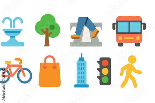 City life neon icon set. urban lifestyle, transportation, shopping outline collection