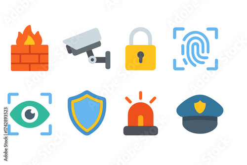 Security and protection flat icon set. firewall, lock, camera, fingerprint, shield icons.