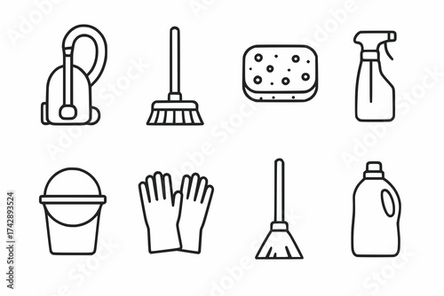 Minimalist Line Art Icons of Cleaning Supplies in Black Outline Vector Style