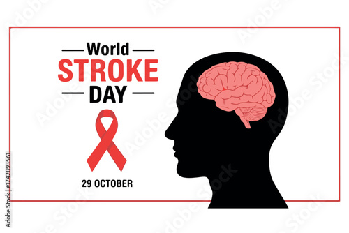 World stroke day awareness graphic featuring a silhouette of a head with a brain and a red ribbon, isolated on white isolated on transparent background
