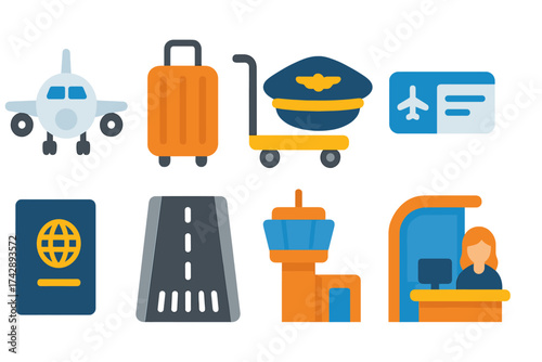 Airport, travel solid icon set. passport, baggage, flight icons solid collection