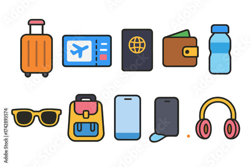 Travel and vacation icon set. flat style for planning, passport, and essentials