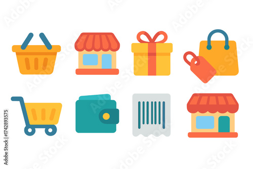 Shopping and commerce icon set. vibrant, 3d icons for retail and e-commerce platforms.
