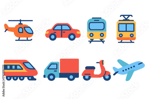 Transportation neon icon set. vehicles, transit, travel modes glowing outline collection