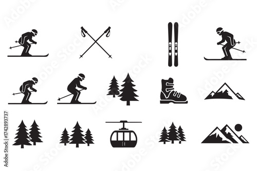 Winter sports icons featuring skiers, trees, mountains, and ski equipment, isolated on transparent background