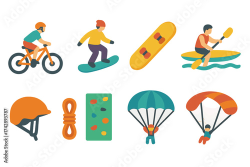 Outdoor adventure silhouette icon set. cycling, snowboarding, kayaking in silhouette style.