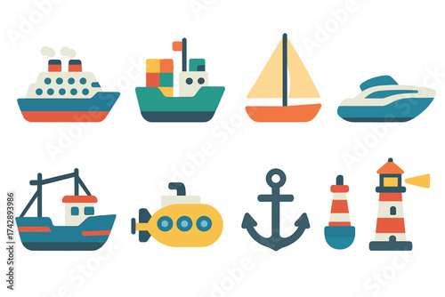 Nautical flat icon set for marine travel, boating, and navigation essentials