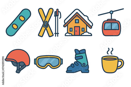 Skiing and winter sports icon set. flat icons for outdoor and mountain activities