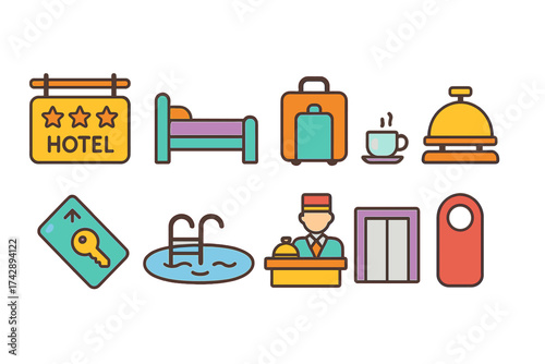 Hotel, hospitality flat icon set. lodging, travel essentials flat icons collection