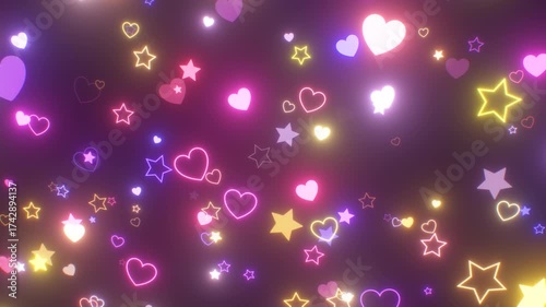 Ultraviolet Neon Flashing Heart And Star Shapes With Parallax Effect - 4K Seamless VJ Loop Motion Background Animation