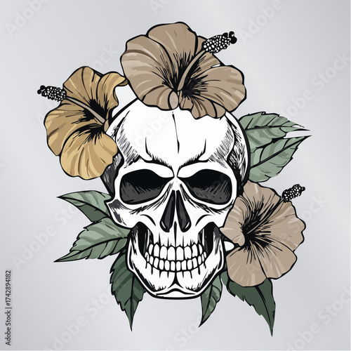 An intricate and creative vector illustration featuring a stylized human skull elegantly combined with tropical hibiscus blooms, creating a unique visual narrative of life's fleeting beauty