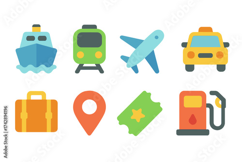 Transportation services flat icon set. explore, travel, transit, flight icons collection