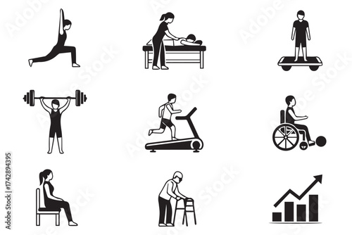 Set of icons depicting physical therapy, rehabilitation, and fitness activities, isolated on transparent background