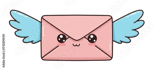 Adorable, cartoon-style pink envelope with light blue wings, symbolizing quick mail, express communication, and fast message delivery, isolated on white.