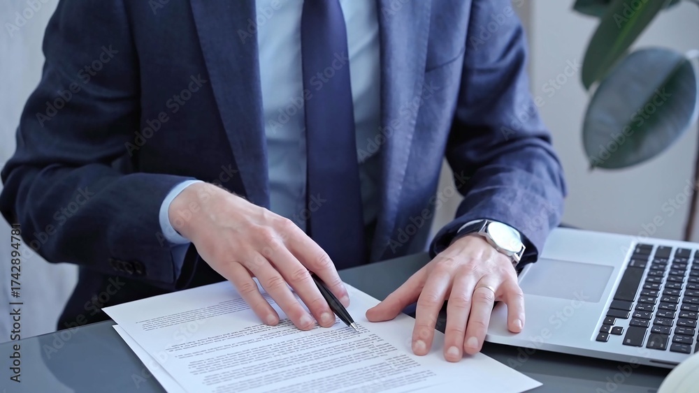 Fototapeta premium Businessman signing contract at desk. Close-up of a male executive's hands signing a legal document in a modern office setting